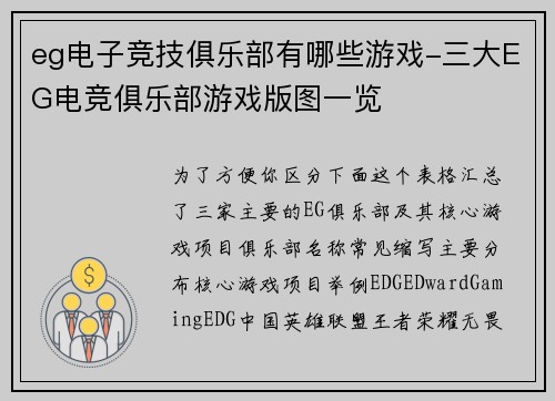 eg电子竞技俱乐部有哪些游戏-三大EG电竞俱乐部游戏版图一览